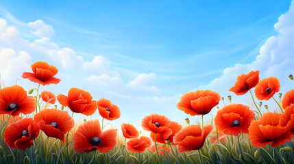 Obraz premium Vibrant red poppy flowers blooming under a bright blue sky, creating a picturesque landscape perfect for nature enthusiasts.