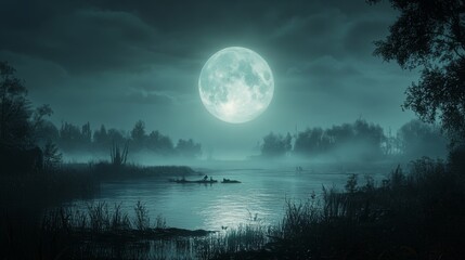 Fototapeta premium Full moon illuminated over a tranquil ocean under a starry sky at night