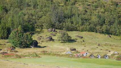 Fototapeta premium Svartifoss, Islande, cascade, été, colonnes de basalte, parc national de Skaftafell, Vatnajökull, paysage, nature, randonnée, chute d'eau, formations géologiques, basalte, falaises, végétation, mousse