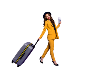 Profile side full length body size view of her she nice-looking attractive elegant cheerful glad wavy-haired lady walking business cruise isolated on bright vivid shine violet background