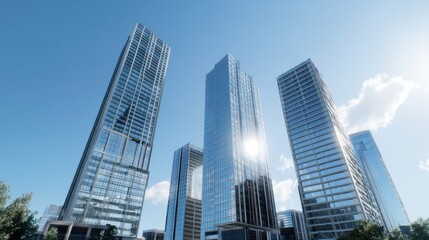 Obraz premium Modern skyscrapers reflecting sunlight against a clear blue sky.