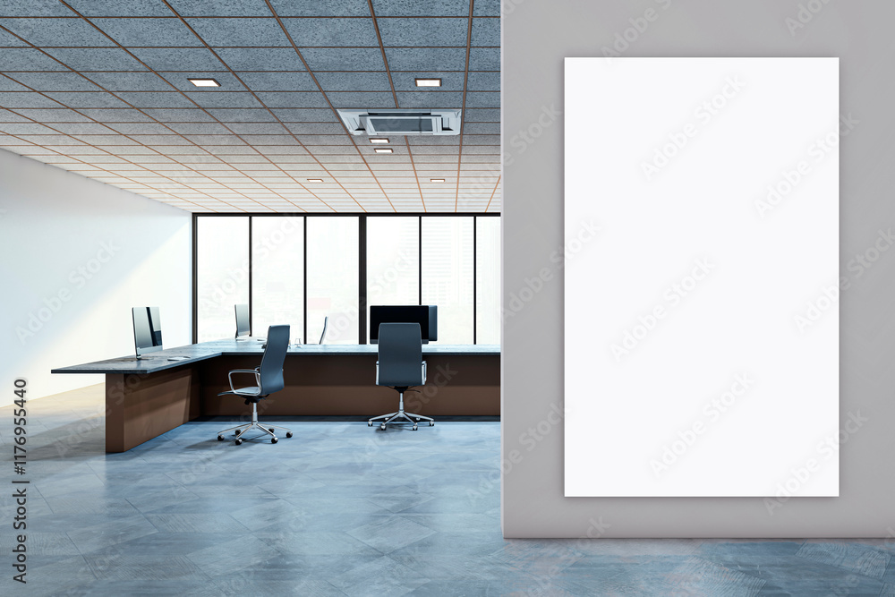 Poster modern office interior with empty desk, computers, chairs, and large blank vertical canvas on the wa