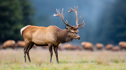 Herd of deer grazing peacefully in a lush meadow during early morning light amidst a serene landscape