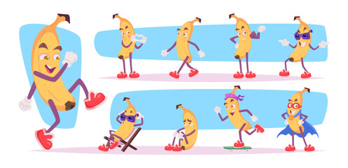 Banana. Cute fruit characters with emotions exact vector mascot banana in action poses cartoon template