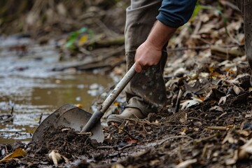 Obraz premium Man Cleaning Mud by the Riverbank with a Shovel