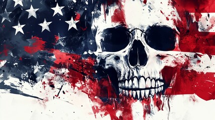 Abstract skull art with distressed American flag background Gigital art splash of water color 