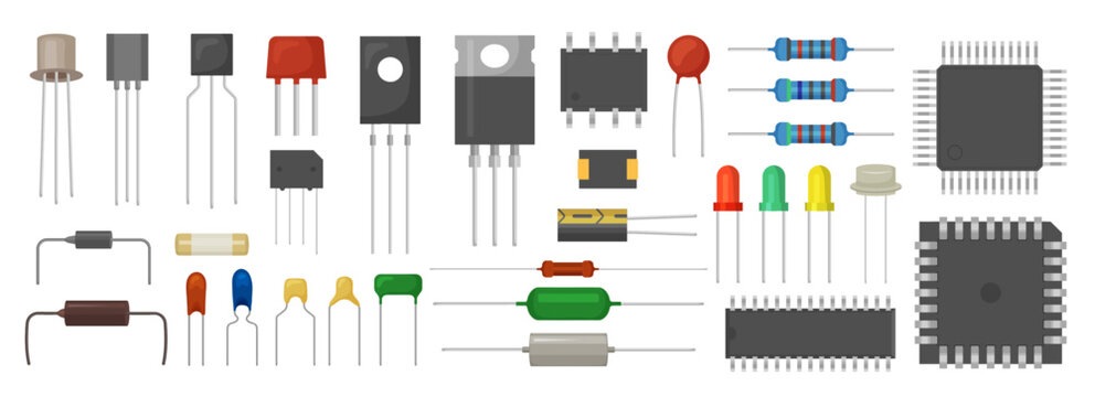 Electric micro elements. Transistors resistor and semiconductors equipment for electric hardware recent vector flat pictures set