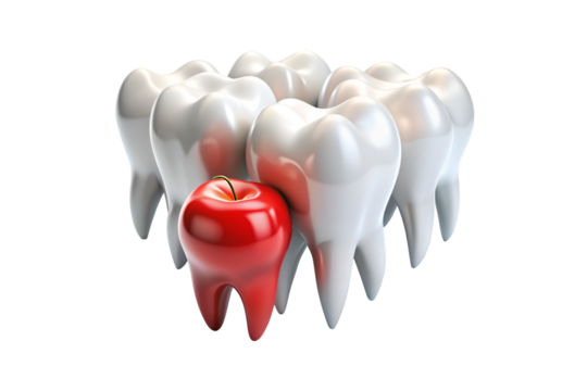 Sore tooth amidst healthy teeth isolated on transparent background. png