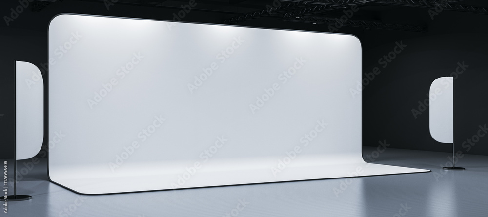 Poster blank white exhibition booth with curved backdrop and side panels on a dark indoor tradeshow floor, 