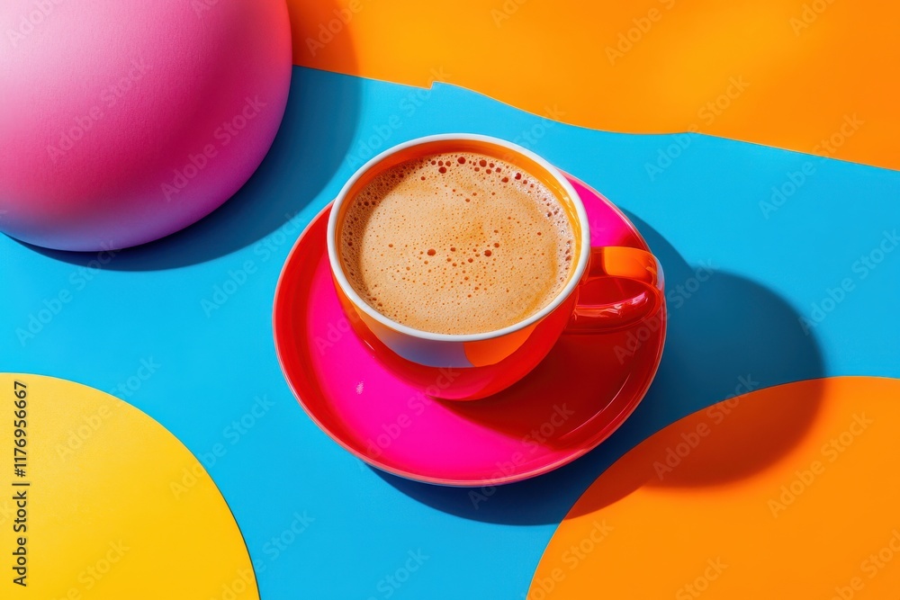 Poster Vibrant Latte Mug with Studio Lighting Surrounded by Minimalist Props on a Colorful Background for Graphic Overlay and Creative Projects