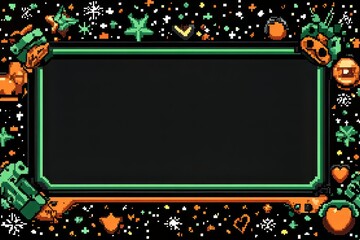 Colorful pixel art frame with festive decorations and a dark empty center.