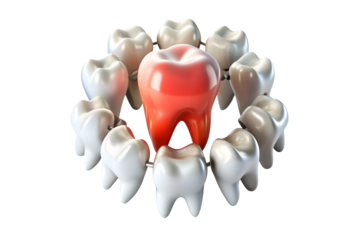 Sore tooth amidst healthy teeth isolated on transparent background. png