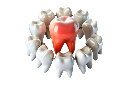Sore tooth amidst healthy teeth isolated on transparent background. png