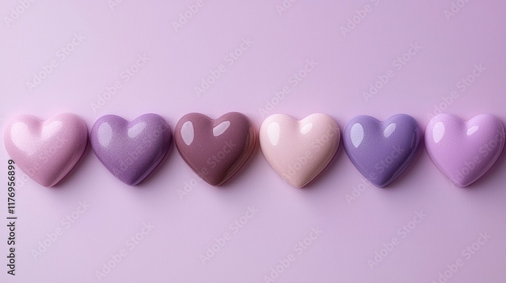 Poster heart-shaped candies in shades of lavender and pink arranged neatly against a matching gradient back