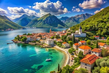 Fototapeta premium Panoramic View of Zelenika Bay, Montenegro Coastline, Stunning Adriatic Sea Landscape