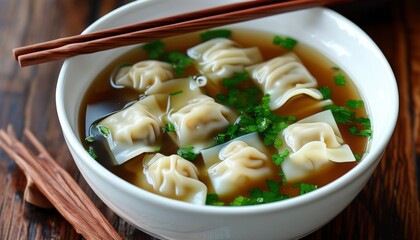 Top Down View of Delicious Wonton Soup with Chopped Green Onion and Chopsticks