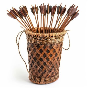 Multiple wooden arrows with feather fletchings are neatly placed in a handcrafted wicker basket, set against a clean white backdrop