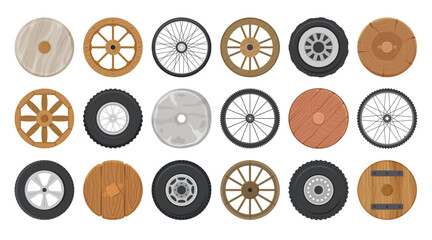 Wheels. Round forms for vehicles recent vector collection of cartoon wheels for transport