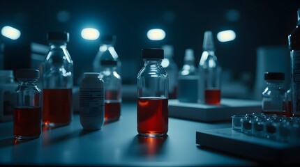 Mysterious red liquid fills glass vials in a dimly lit laboratory.  A sense of scientific discovery hangs in the air, hinting at breakthroughs and the secrets of life's building blocks.