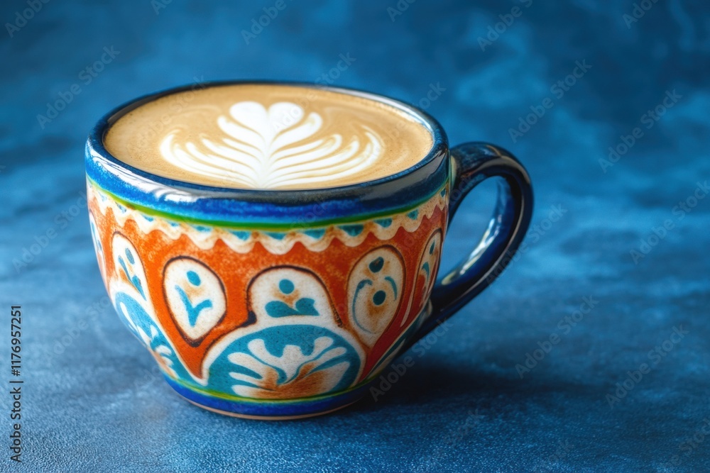 Poster A Vibrant Latte in a Colorful Mug Captured with Studio Lighting, Surrounded by Minimalist Props on the Right for Graphic Overlay Use