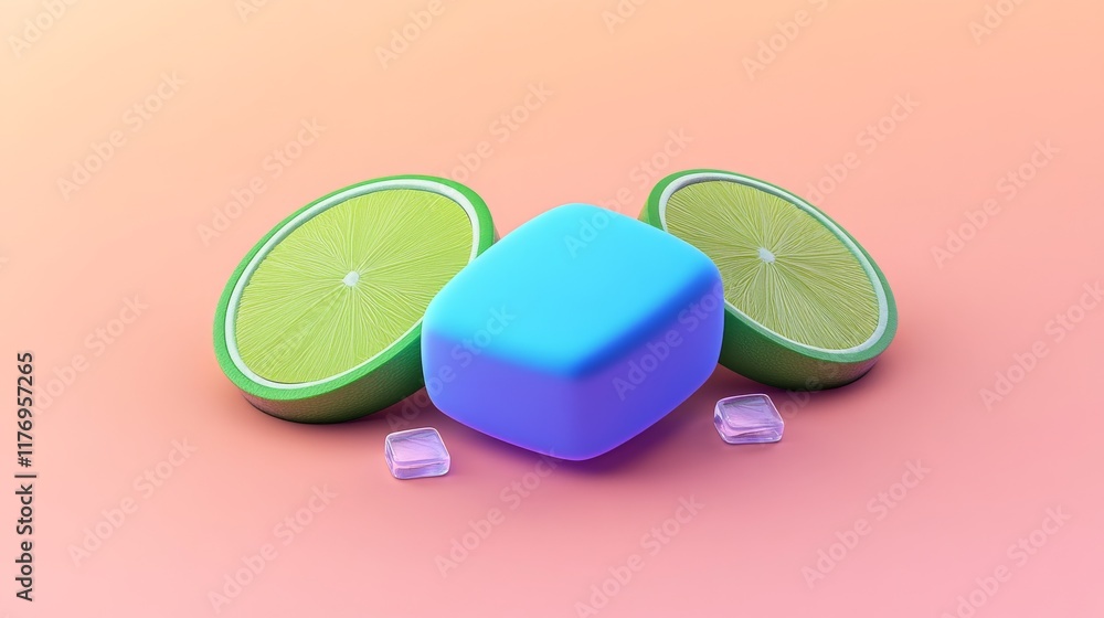 Poster refreshing lime and ice cube 3d render