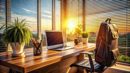 Fototapeta premium Panoramic Workspace: Sunlit Desk with Computer & Backpack