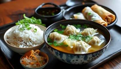Delicious Wonton Soup with Rice, Spring Rolls and Fresh Greens on a Wooden Table Setting