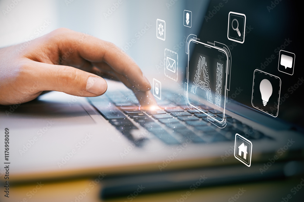 Aufkleber Hand typing on laptop keyboard with holographic AI icons on screen, representing innovation and technology in a digital workspace.