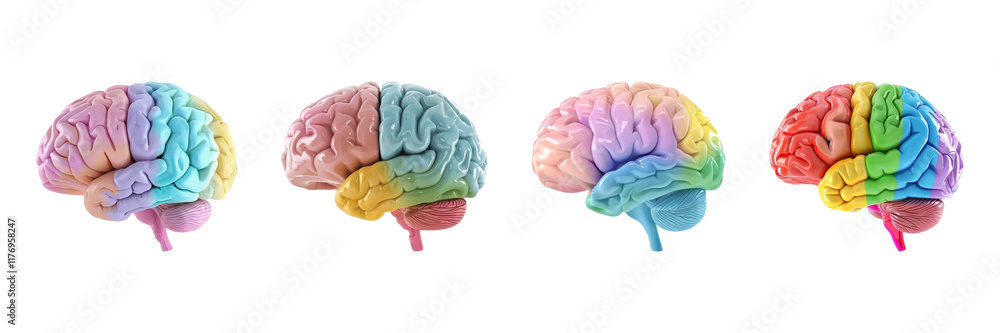 Poster colored brain model set isolated on transparent background
