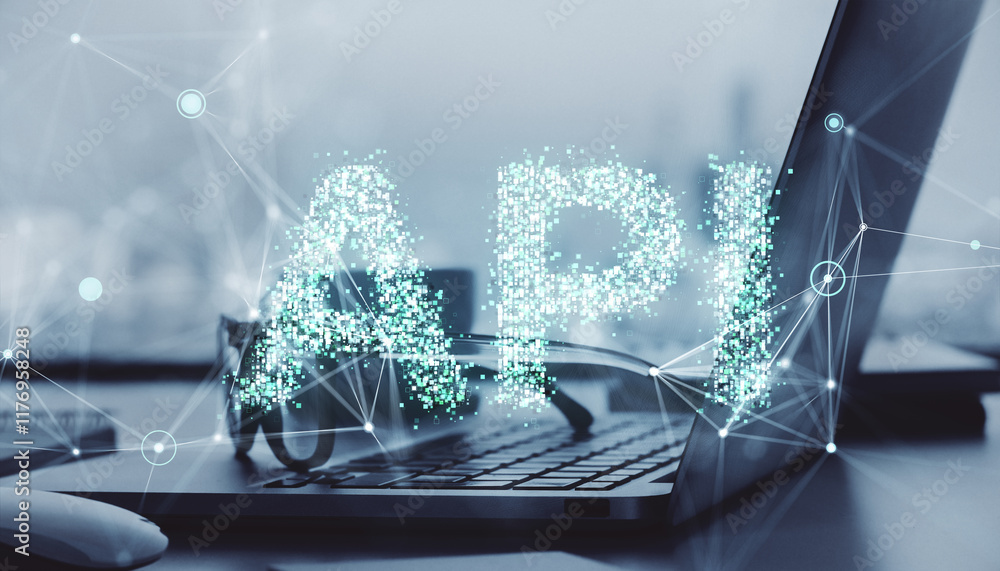 Poster api technology concept with glowing holographic effects on a laptop screen on a modern desk in the o