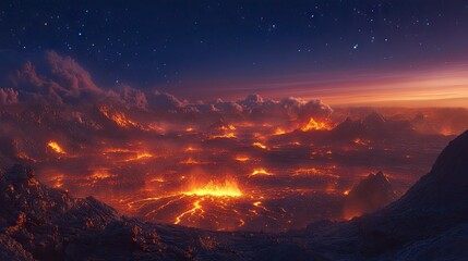 A glowing lava field spreading across the landscape at night, with the eruption's fiery glow lighting up the horizon