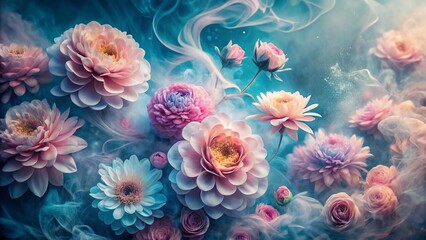 Fototapeta premium Pastel Pink Flowers in Blue Smoke - Floral Background for Design