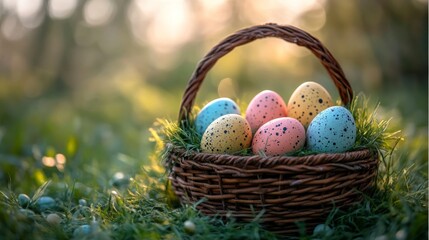 Obraz premium Colorful decorated eggs in a wicker basket resting on green grass during a sunny spring afternoon