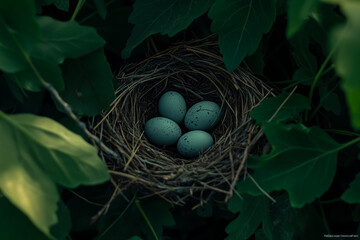 Top down view of bird's nest with spotted eggs surrounded by vibrant green foliage in tranquil forest setting.