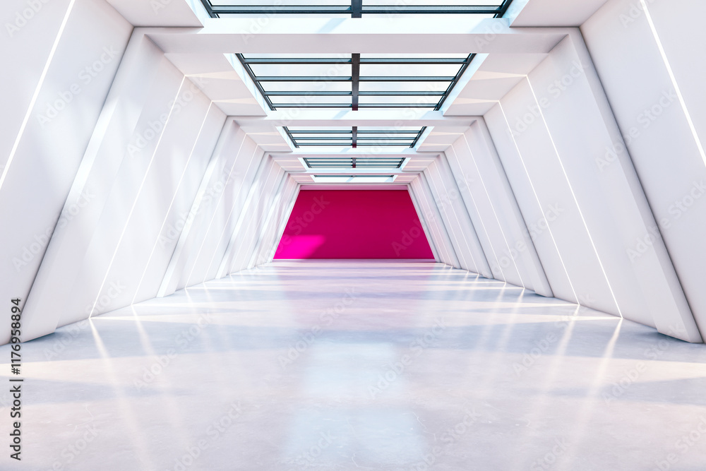 Aufkleber modern corridor with geometric white walls and skylights, illuminated by natural light, leading to a