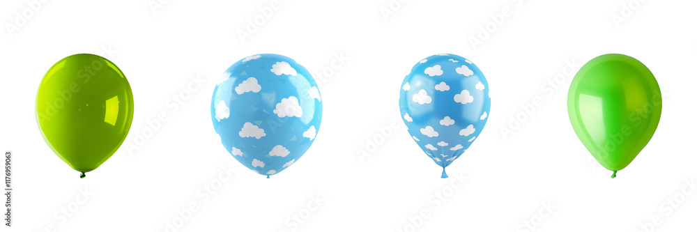 Poster cloud pattern and green balloon collection isolated on transparent background