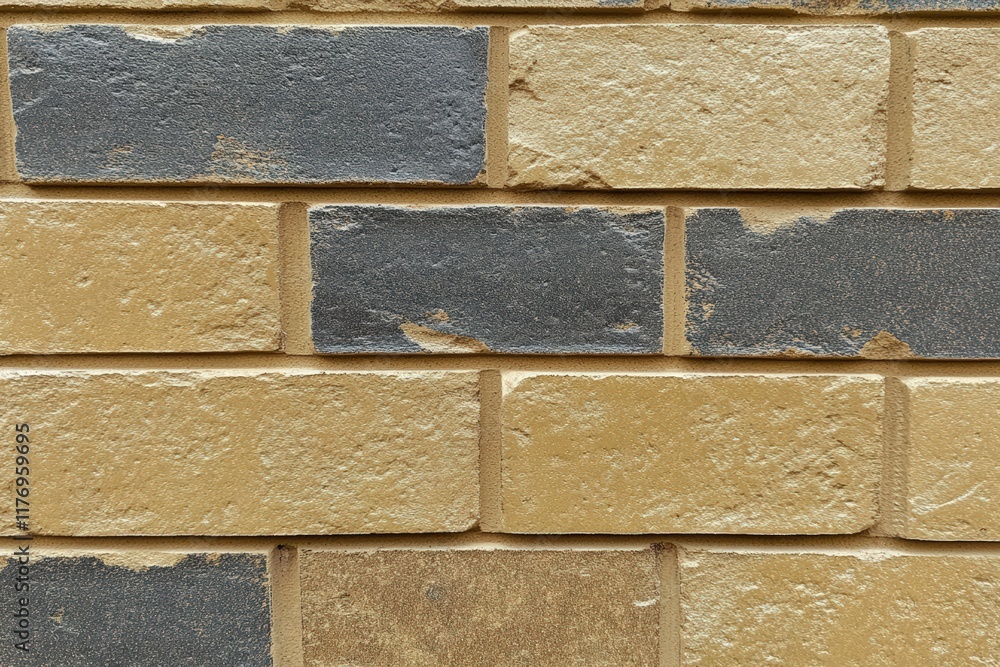 Poster textured brick wall with contrasting yellow and gray bricks showcasing a unique pattern and intricat
