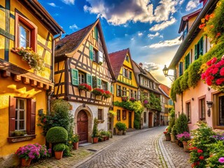 Naklejka premium Picturesque Half-Timbered Houses, Riquewihr Alsace, France - Charming Street Scene