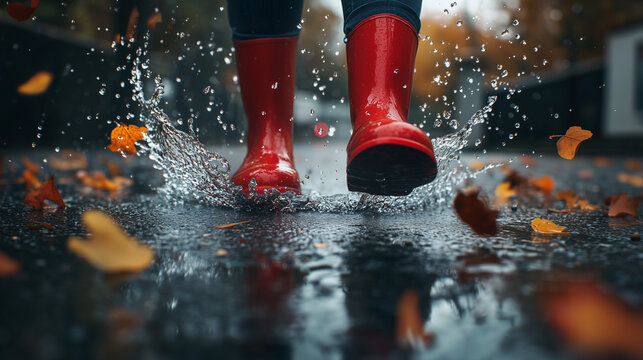 Red rain boots splashing through a puddle, autumn leaves flying, joyful mood on a rainy day