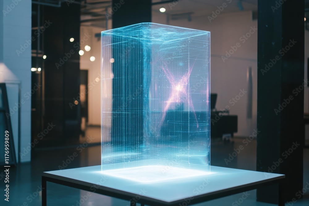 Poster futuristic holographic display showcasing data in a modern exhibition space