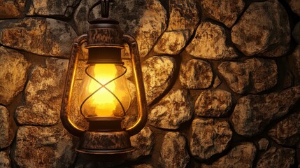 Vintage Lantern Illuminating Rustic Stone Wall