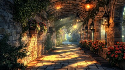Fototapeta premium A stunning architectural view of a grand corridor with multiple arches, featuring stone walls and decorative lanterns. The play of light and shadows creates a dramatic effect