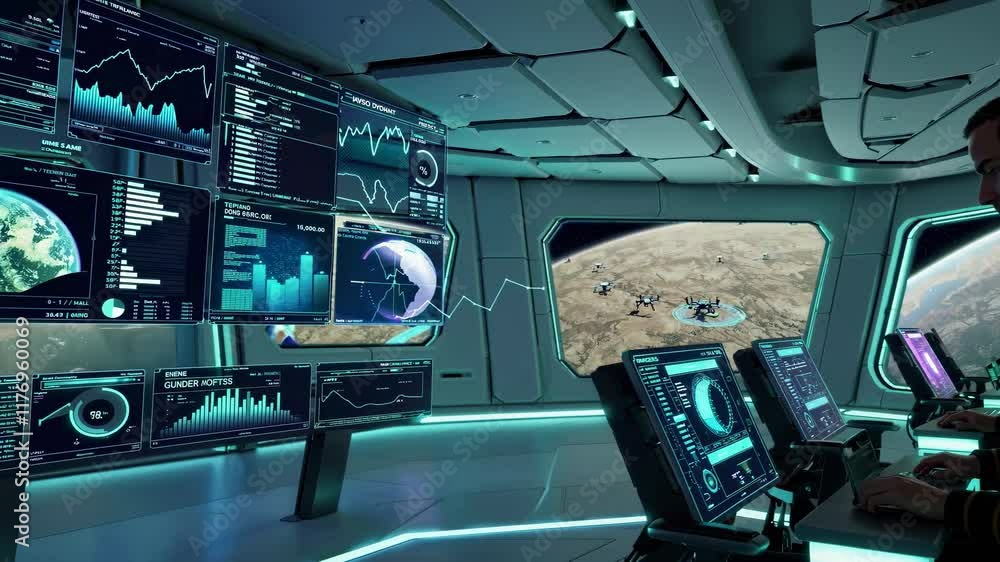 Poster exploration of futuristic command center with advanced technology and stunning views of earth’s surf