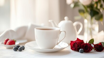 Fototapeta premium Luxury Breakfast Setting with Fresh Fruits and Vibrant Roses