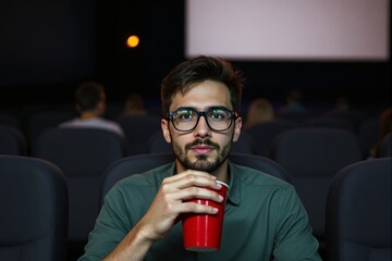 Man holding a red cup, sitting in a dimly lit cinema theater with blurred audience in background.