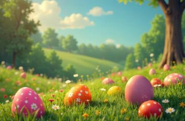 Multicoloured Easter eggs in spring meadow with flowers. Easter holiday background with copy space. Easter eggs in grass on lawn in park.