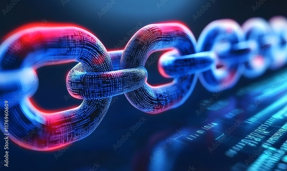 Poster glowing chain links on abstract digital background.