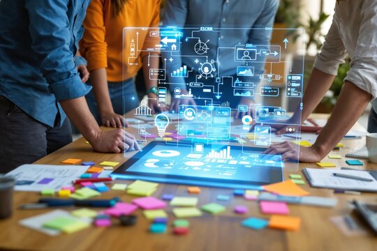 Team collaborating on a digital project using a tablet with holographic interface over a desk with colorful notes and creative tools.