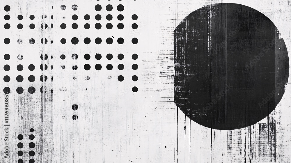 Aufkleber abstract black and white composition with dots and a large circle on textured background