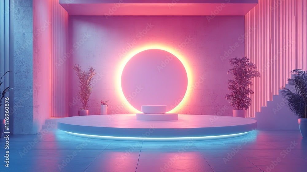 Poster a futuristic 3d podium with a glowing circular design serves as a high-tech stage for a product disp